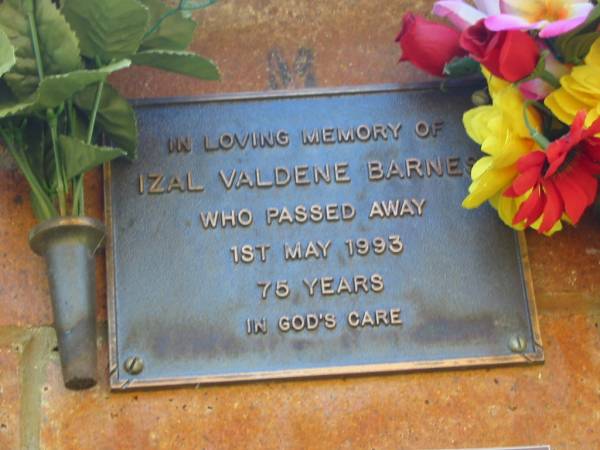 Izal Valdene BARNES,  | died 1 May 1993 aged 75 years;  | Bribie Island Memorial Gardens, Caboolture Shire  | 