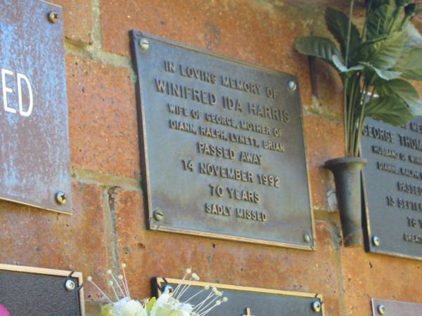 Winifred Ida HARRIS,  | wife of George,  | mother of Diann, Ralph, Lynett & Brian,  | died 14 Nov 1992 aged 70 years;  | Bribie Island Memorial Gardens, Caboolture Shire  |   | 