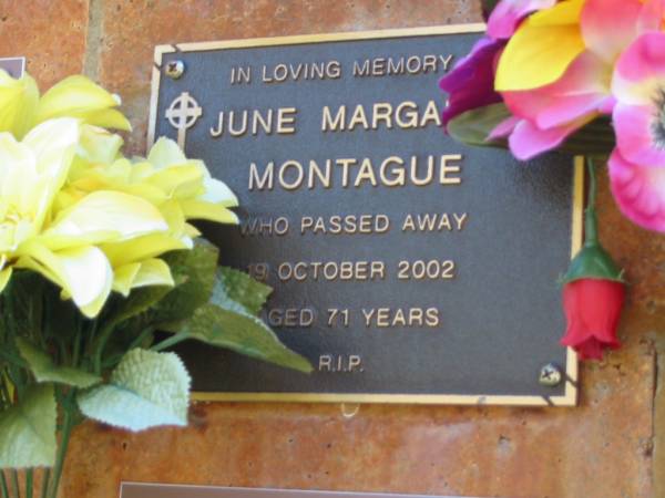 June Margaret MONTAGUE,  | died 19 Oct 2002 aged 71 years;  | Bribie Island Memorial Gardens, Caboolture Shire  | 