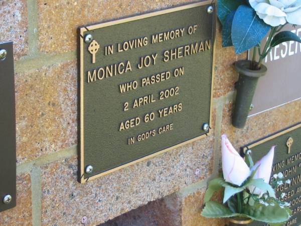 Monica Joy SHERMAN,  | died 2 April 2002 aged 60 years;  | Bribie Island Memorial Gardens, Caboolture Shire  | 