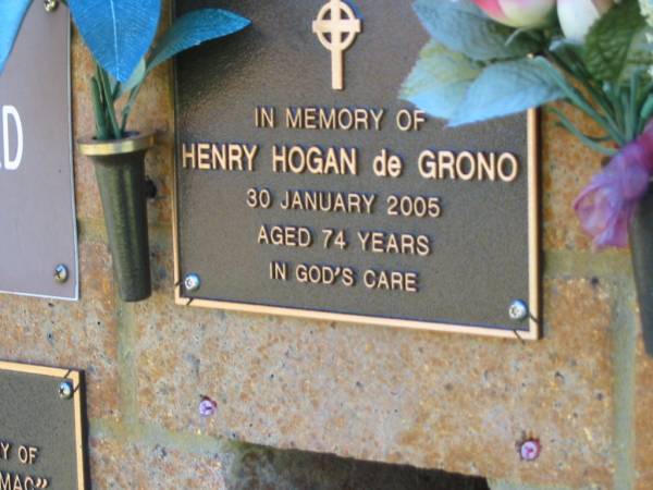 Henry Hogan de GRONO,  | died 30 Jan 2005 aged 74 years;  | Bribie Island Memorial Gardens, Caboolture Shire  | 