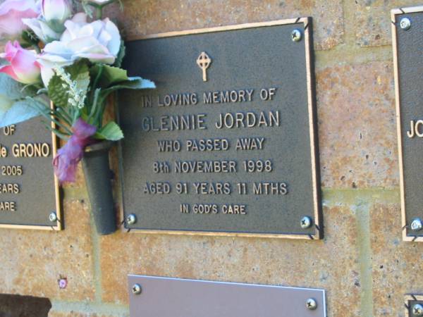 Glennie JORDAN,  | died 8 Nov 1998 aged 91 years 11 months;  | Bribie Island Memorial Gardens, Caboolture Shire  | 