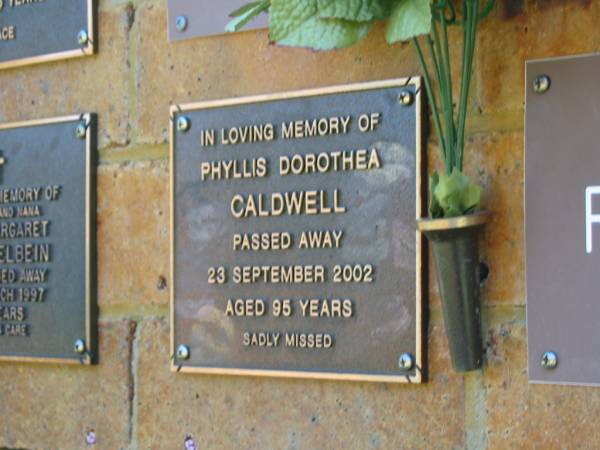 Phyllis Dorothea CALDWELL,  | died 23 Sept 2002 aged 95 years;  | Bribie Island Memorial Gardens, Caboolture Shire  | 