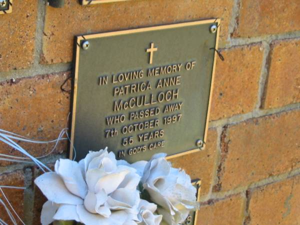 Patrica Anne MCCULLOCH,  | died 7 Oct 1997 aged 55 years;  | Bribie Island Memorial Gardens, Caboolture Shire  | 
