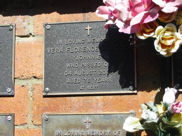 Vera Florence (Johnnie) HANCOCK,  | died 04 Aug 2000 aged 76 years;  | Bribie Island Memorial Gardens, Caboolture Shire  | 