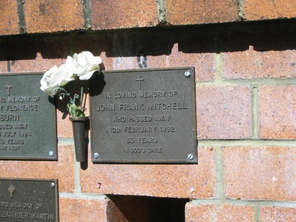 John Frank MITCHELL,  | died 10 Feb 1992 aged 63 years;  | Bribie Island Memorial Gardens, Caboolture Shire  | 