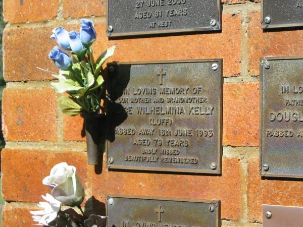 Alice Wilhelmina KELLY (LUFF),  | mother grandmother,  | died 16 June 1993 aged 79 years;  | Bribie Island Memorial Gardens, Caboolture Shire  | 