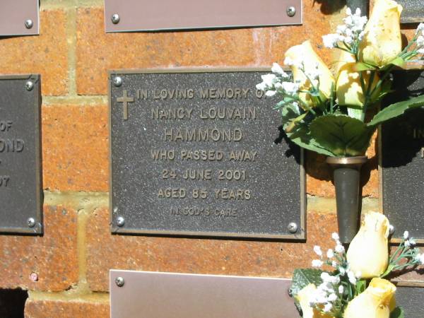 Nancy Louvain HAMMOND,  | died 24 June 2001 aged 85 years;  | Bribie Island Memorial Gardens, Caboolture Shire  | 
