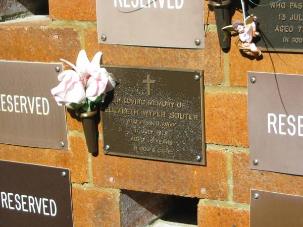 Elizabeth WYPER SOUTER,  | died 17 July 1978 aged 48 years;  | Bribie Island Memorial Gardens, Caboolture Shire  | 
