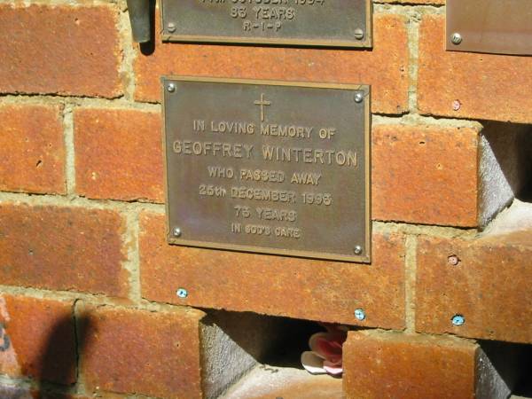 Geoffrey WINTERTON,  | died 25 Dec 1993 aged 73 years;  | Bribie Island Memorial Gardens, Caboolture Shire  | 