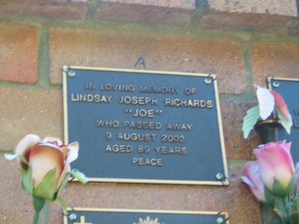 Lindsay Joseph (Joe) RICHARDS,  | died 9 Aug 2002 aged 89 years;  | Bribie Island Memorial Gardens, Caboolture Shire  | 