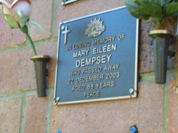 Mary Eileen DEMPSEY,  | died 22 Dec 2003 aged 88 years;  | Bribie Island Memorial Gardens, Caboolture Shire  | 