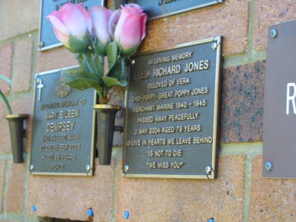 Fred Richard JONES,  | beloved of Vera,  | dad poppy great-poppy,  | died 2 May 2004 aged 79 years;  | Bribie Island Memorial Gardens, Caboolture Shire  | 