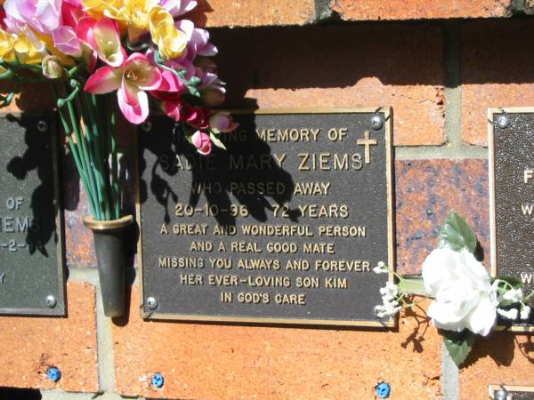 Sadie Mary ZIEMS,  | died 20-10-96 aged 72 years,  | son Kim;  | Bribie Island Memorial Gardens, Caboolture Shire  | 