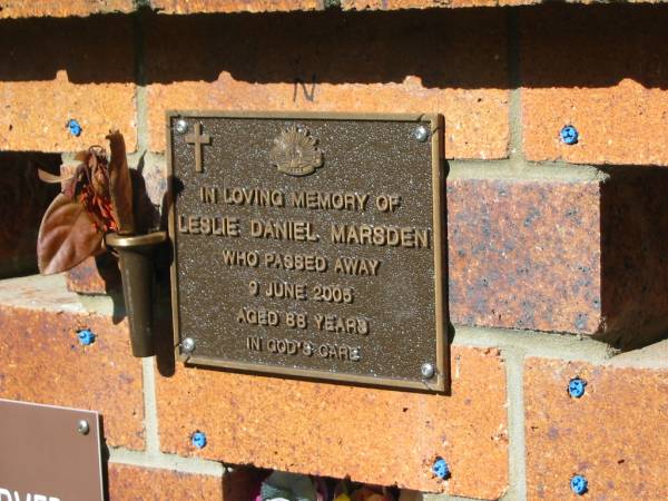Leslie Daniel MARSDEN,  | died 9 June 2005 aged 88 years;  | Bribie Island Memorial Gardens, Caboolture Shire  | 