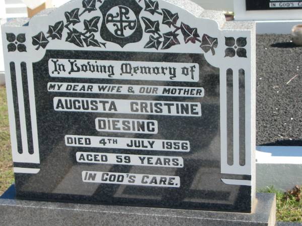 Augusta Cristine DIESING,  | died 4 July 1956 aged 59 years, wife mother;  | Apostolic Church of Queensland, Brightview, Esk Shire  | 