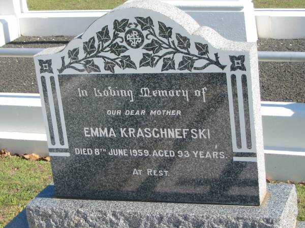 Emma KRASCHNEFSKI,  | died 8 June 1959 aged 93 years,  | mother;  | Apostolic Church of Queensland, Brightview, Esk Shire  | 