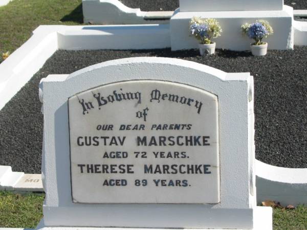 parents;  | Gustav MARSCHKE,  | aged 72 years;  | Therese MARSCHKE,  | aged 89 years;  | Apostolic Church of Queensland, Brightview, Esk Shire  | 