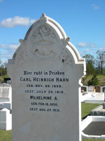 Carl Heinrich HAHN,  | born 26 Nov 1858 died 29 July 1919;  | Wilhelmine A.,  | born 18 Feb 1856 died 27 Aug 1931;  | Apostolic Church of Queensland, Brightview, Esk Shire  | 