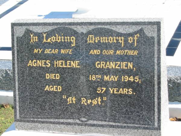 Agnes Helene GRANZIEN,  | died 18 May 1945 aged 57 years,  | wife mother;  | Apostolic Church of Queensland, Brightview, Esk Shire  | 