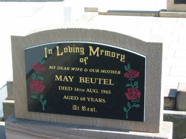 May BEUTEL,  | died 14 Aug 1965 aged 60 years,  | wife mother;  | Apostolic Church of Queensland, Brightview, Esk Shire  | 