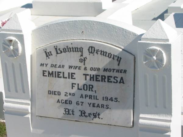 Emielie Theresa FLOR,  | died 2 April 1945 aged 67 years,  | wife mother;  | Apostolic Church of Queensland, Brightview, Esk Shire  | 