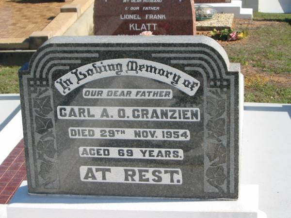 Carl A.O. GRANZIEN,  | died 29 Nov 1954 aged 69 years,  | father;  | Apostolic Church of Queensland, Brightview, Esk Shire  | 