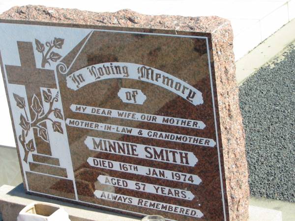 Minnie SMITH,  | died 16 Jan 1974 aged 57 years,  | wife mother grandmother;  | Apostolic Church of Queensland, Brightview, Esk Shire  | 