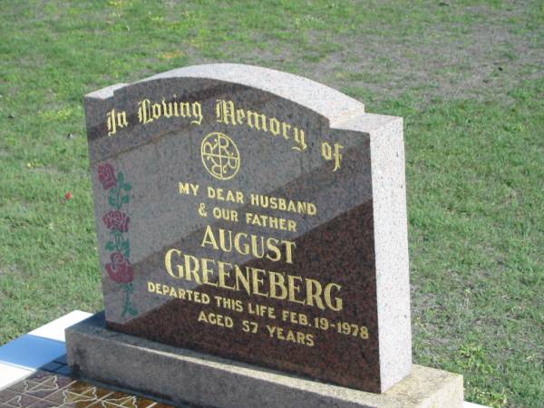 August GREENEBERG,  | died 19 Feb 1978 aged 57 years,  | husband father;  | Apostolic Church of Queensland, Brightview, Esk Shire  | 