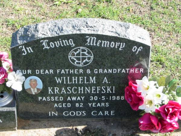 Wilhelm A. KRASCHNEFSKI,  | died 30-5-1988 aged 82 years,  | father grandfather;  | Apostolic Church of Queensland, Brightview, Esk Shire  | 