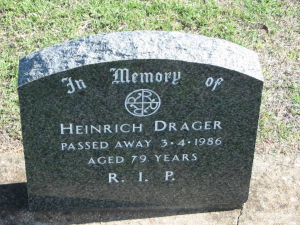 Heinrich DRAGER,  | died 3-4-1986 aged 79 years;  | Apostolic Church of Queensland, Brightview, Esk Shire  | 