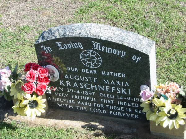 Auguste Maria KRASCHNEFSKI,  | born 29-4-1897 died 14-9-198?,  | mother;  | Apostolic Church of Queensland, Brightview, Esk Shire  | 