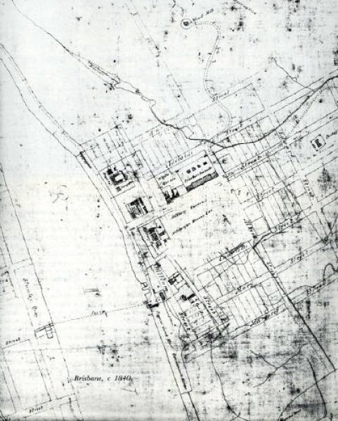 Brisbane 1840 Plan Martens  | (top to bottom)  | Windmill  | Ann Street  | Adelaide Street  | (Queen?) Street  | (Elizabeth) Street  | Charlotte Street  | Mary Street  | Margaret Street  | --  | (right to left)  | Edward Street  | Albert Street  | (George) Street  | William Street  | ferry? to  | Stanley Quay  |   |   | 