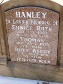 
Eunice Ruth HANLEY,
died 1-7-1943 in her 6th year;
Thomas HANLEY,
died 23-7-195 aged 77 years;
Ruth Ashby HANLEY,
died 31-10-1991 aged 93 years;
A.T. HANLEY,
died 30-1-1995 aged 73 years;
Brookfield Cemetery, Brisbane
