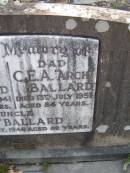 
Eunice BALLARD, mum,
died 13 July 1941 aged 69 years;
C.A.A. "Arch" BALLARD, dad,
died 13 July 1951 aged 84 years;
"Bob" BALLARD, uncle,
died 20? Oct 1946 aged 82 years;
Russell Wayne BALLARD,
died 15 Nov 1999 aged 49 years;
Thomas J. BALLARD, 
died 18 May 1975 aged 64 years;
Mabel B. BALLARD, wife,
died 8 July 1995 aged 81 years;
parents grandparents great-grandparents;
Walter C. BALLARD, husband father,
died 26 Aug 1965 aged 62 years;
Gladys Lillian BALLARD,
wife mother grandmother great-grandmother,
died 18 Sept 1992 aged 88 years;
Brookfield Cemetery, Brisbane
