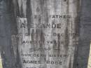
Rose Ann GREER, mother,
died 5 April 1897 aged 56 years;
Alexander, father,
died 18 Dec 1898 aged 61 years;
Agnes Rose, sister,
died 11 Sept 1888 aged 5 months;
Brookfield Cemetery, Brisbane
