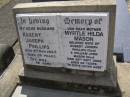 
Robert Joseph PHILLIPS, husband,
died 8 Nov 1948 aged 38 years;
Myrtle Hilda MASON,
wife of Robert Joseph PHILLIPS (dec) &
William John MASON (dec),
died 26 Sept 2003 aged 88 years;
Brookfield Cemetery, Brisbane

