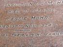 
Christian F.C. MOHR,
died 1 Oct 1936;
Jessie MOHR,
died 30 Nov 1954;
Brookfield Cemetery, Brisbane
