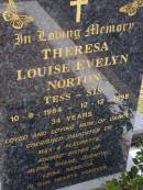 
Theresa Louise Evelyn NORTON (Tess, Sis),
10-8-1964 - 12-1-1998 aged 34 years,
mum of Darcy,
daughter of Max & Fleurette,
sister of Glenn, Shane, Quentin, Leisa & Rebecca;
Brookfield Cemetery, Brisbane
