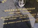 
Susan Gay DODGSON,
1955 - 1980 aged 25 years,
daughter sister niece teacher;
Brookfield Cemetery, Brisbane
