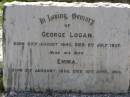 
George LOGAN,
born 20 Aug 1842 died 9 July 1937;
Emma, wife,
born 5 Jan 1856 died 10 April 1938;
Brookfield Cemetery, Brisbane
