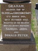 
Graham, son of Oliver & Constance DART,
17 March 1931 - 20 Oct 1947;
infant brothers,
Samuel John,
Donald Peter;
F.J. Martyn ROBERTS,
28 May 1871 - 3 July 1963;
Elizabeth, wife,
12 July 1876 - 15 Sept 1966;
Alethea Mary, daughter,
15 June 1909 - 8 Oct 1969;
Oliver Maitland DART,
17-6-1904 - 15-5-1981;
Constance Margaret DART,
25-9-1906 - 13-3-2001;
of "Woodville" Indooroopilly,
parents of nine children;
Brookfield Cemetery, Brisbane

