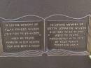 
Allan Fraser WILSON,
15-5-1921 - 28-5-2001 aged 80 years,
wife Betty;
Betty Lorraine WILSON,
4-2-1924 - 25-8-2002 aged 78 years;
Brookfield Cemetery, Brisbane
