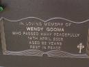 
Wendy GOOMA,
died 14 April 2005 aged 62 years;
Brookfield Cemetery, Brisbane
