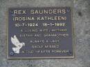 
Rex SAUNDERS (Rosina Kathleen),
10-7-1924 - 18-1-1991,
wife mother sister granmother;
Brookfield Cemetery, Brisbane
