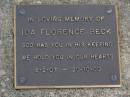 
Ida Florence BECK,
8-2-07 - 2-10-00;
Brookfield Cemetery, Brisbane
