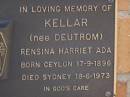 
Rensina Harriet Ada KELLAR (nee DUETROM),
born Ceylon 17-9-1896 died Sydney 18-6-1973;
Brookfield Cemetery, Brisbane
