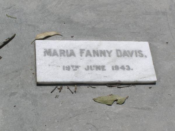 Francis Robert DAVIS,  | died 10 Aug 1928 aged 83 years;  | Maria Fanny DAVIS,  | died 19 June 1943;  | Francis Kearsey DAVIS, eldest son,  | died 17 Oct 1965 aged 77 years;  | Malcolm Burton DAVIS, second son,  | died 9 May 1967 aged 76 years;  | Hugh Bolton DAVIS,  | 1893 - 1973;  | Lorna Dowse DAVIS, wife of Malcolm DAVIS,  | 2-5-1908 - 12-9-2003;  | Leonard Adams DAVIS,  | died 16-6-1962;  | Nancy Lucy DAVIS, wife of Leonard A. DAVIS,  | 18-2-1908 - 8-8-1991;  | Brookfield Cemetery, Brisbane  | 
