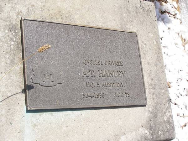Eunice Ruth HANLEY,  | died 1-7-1943 in her 6th year;  | Thomas HANLEY,  | died 23-7-195 aged 77 years;  | Ruth Ashby HANLEY,  | died 31-10-1991 aged 93 years;  | A.T. HANLEY,  | died 30-1-1995 aged 73 years;  | Brookfield Cemetery, Brisbane  | 