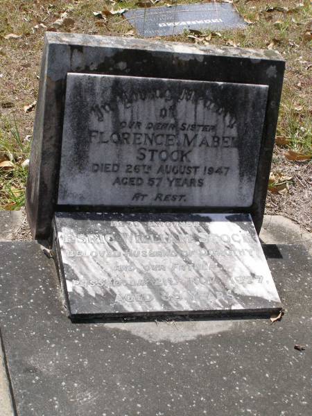 Florence Mabel STOCK, sister,  | died 26 August 1947 aged 57 years;  | Esric William STOCK, brother,  | husband of Dorothy, father,  | died 21 Nov 1977 aged 85 years;  | Brookfield Cemetery, Brisbane  | 